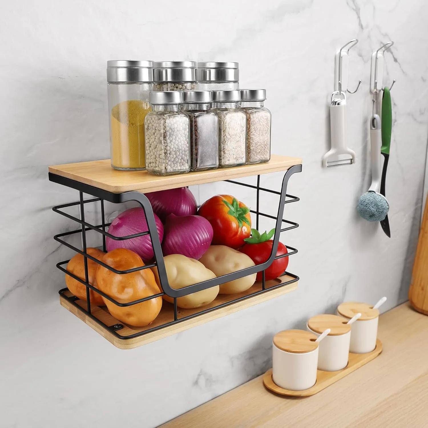 Extra Large Trash Bag Dispenser With Bamboo Top, Wall Mount Stainless Steel Garbage Bag Holder, Stackable Laundry Room Organization
