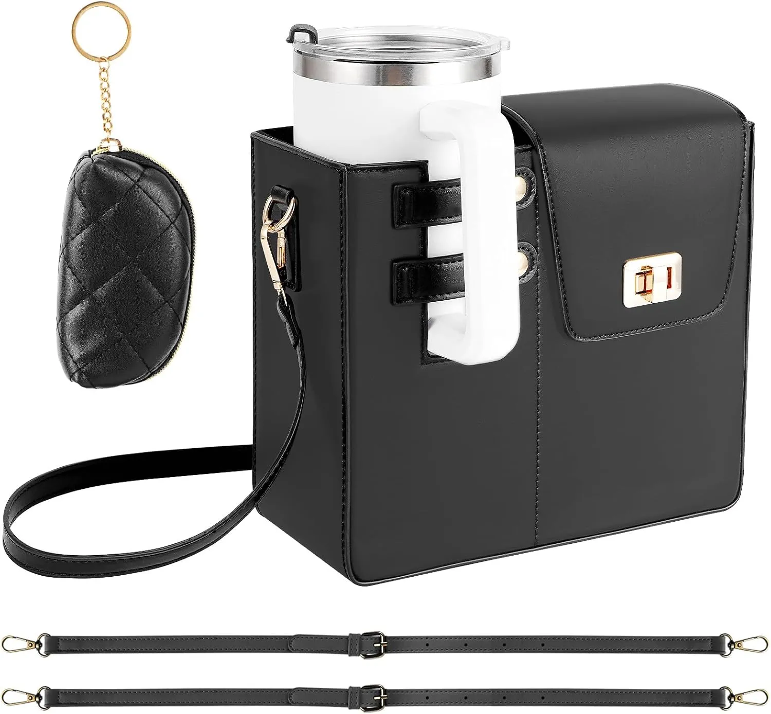 FACULX Outdoor Portable Crossbody Water Cup Storage Bag, Adjustable Crossbody Cup Holder Bag with Coin Purse and 2Pcs Replaceable Bag strap for Travel Daily Use (Black)