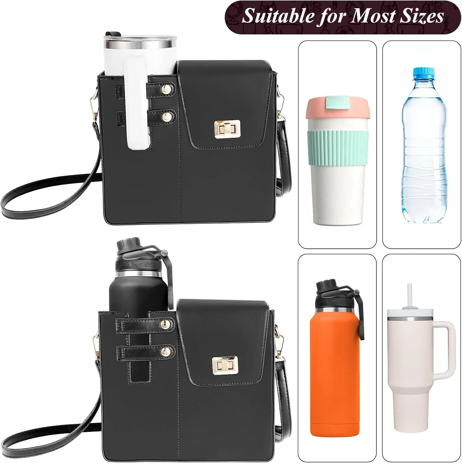 FACULX Outdoor Portable Crossbody Water Cup Storage Bag, Adjustable Crossbody Cup Holder Bag with Coin Purse and 2Pcs Replaceable Bag strap for Travel Daily Use (Black)