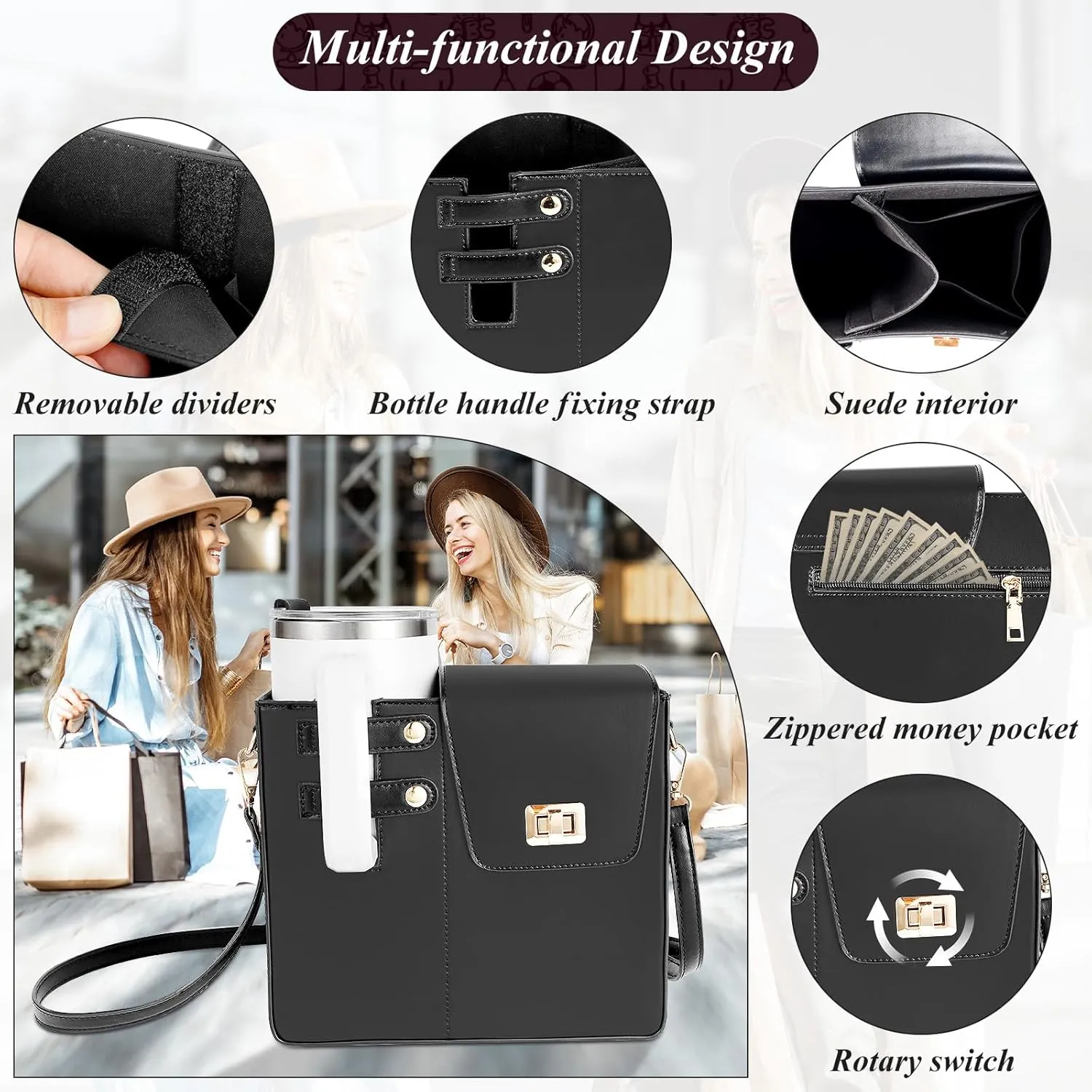 FACULX Outdoor Portable Crossbody Water Cup Storage Bag, Adjustable Crossbody Cup Holder Bag with Coin Purse and 2Pcs Replaceable Bag strap for Travel Daily Use (Black)