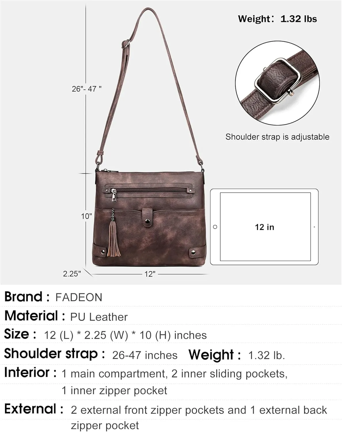 FADEON Large Crossbody Purses for Women Crossbody Bag, Designer Leather Cross Body Purses Multi Pocket Shoulder Bag