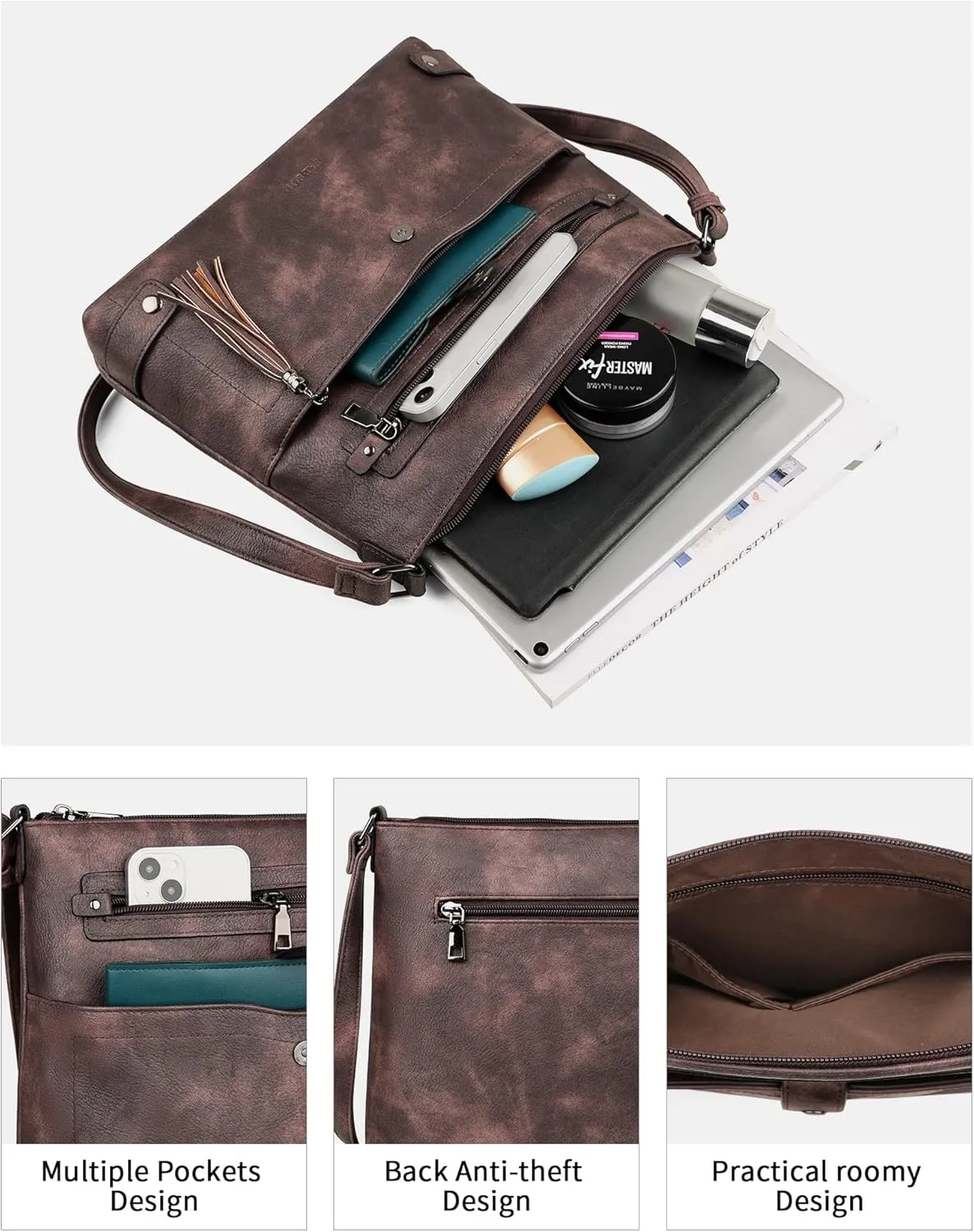 FADEON Large Crossbody Purses for Women Crossbody Bag, Designer Leather Cross Body Purses Multi Pocket Shoulder Bag