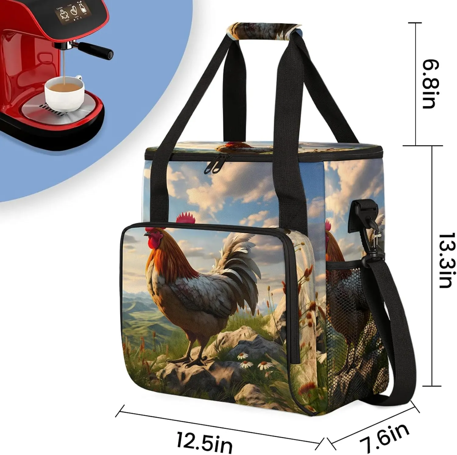 Farmhouse Chicken Coffee Maker Carring Bag, Large Insulated Storage Organizer Case Tote Bags with Shoulder Strap for Travel Work Picnic