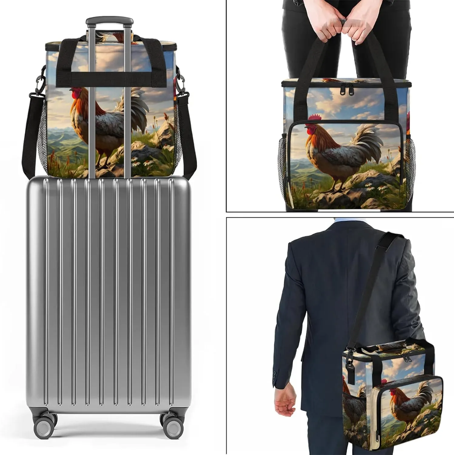 Farmhouse Chicken Coffee Maker Carring Bag, Large Insulated Storage Organizer Case Tote Bags with Shoulder Strap for Travel Work Picnic