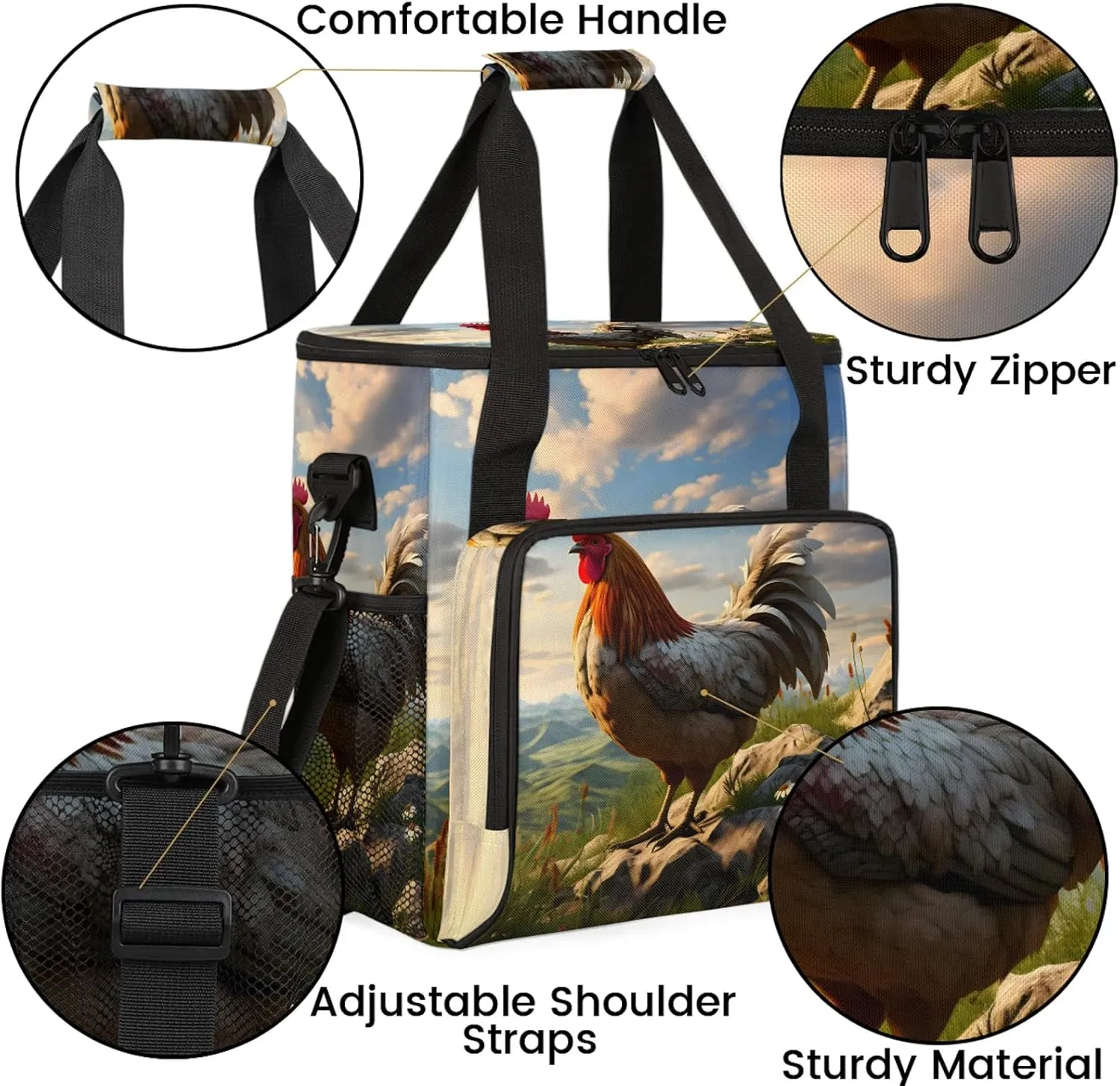 Farmhouse Chicken Coffee Maker Carring Bag, Large Insulated Storage Organizer Case Tote Bags with Shoulder Strap for Travel Work Picnic