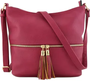 FashionPuzzle Lightweight Tassel Zipper Bucket Crossbody Bag