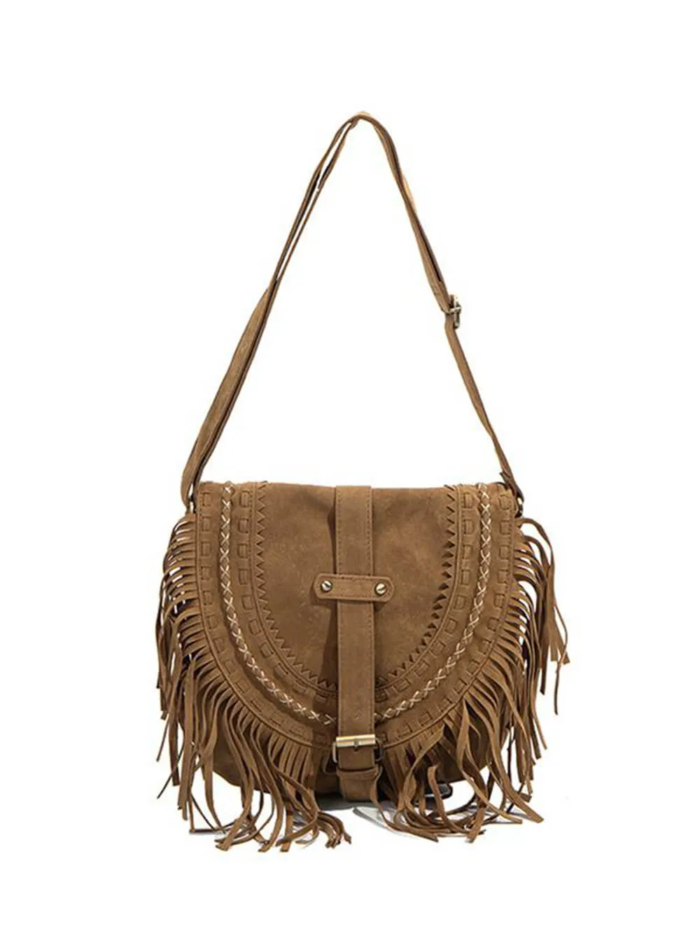 Faux Suede Fringe Bag with Buckle Accents