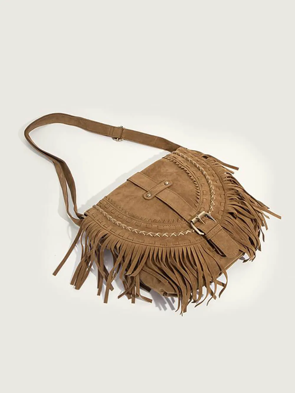 Faux Suede Fringe Bag with Buckle Accents