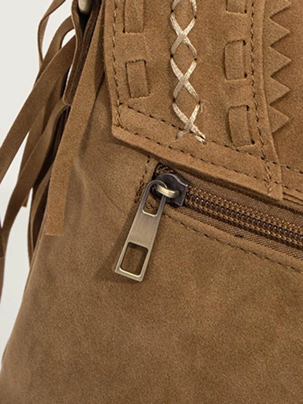 Faux Suede Fringe Bag with Buckle Accents