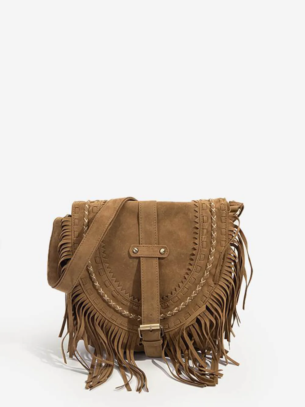 Faux Suede Fringe Bag with Buckle Accents