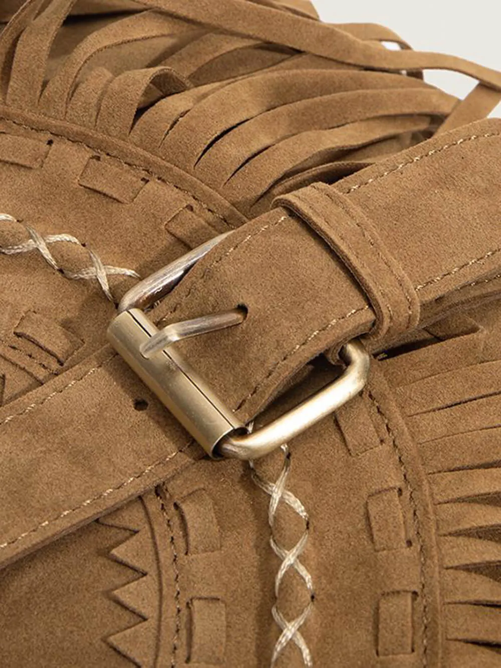 Faux Suede Fringe Bag with Buckle Accents