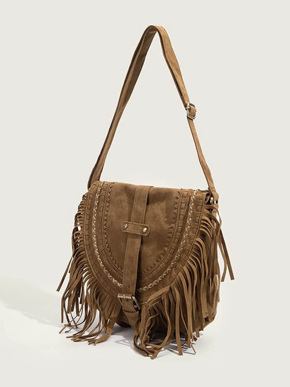 Faux Suede Fringe Bag with Buckle Accents