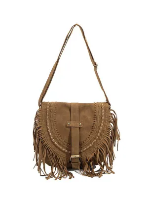 Faux Suede Fringe Bag with Buckle Accents