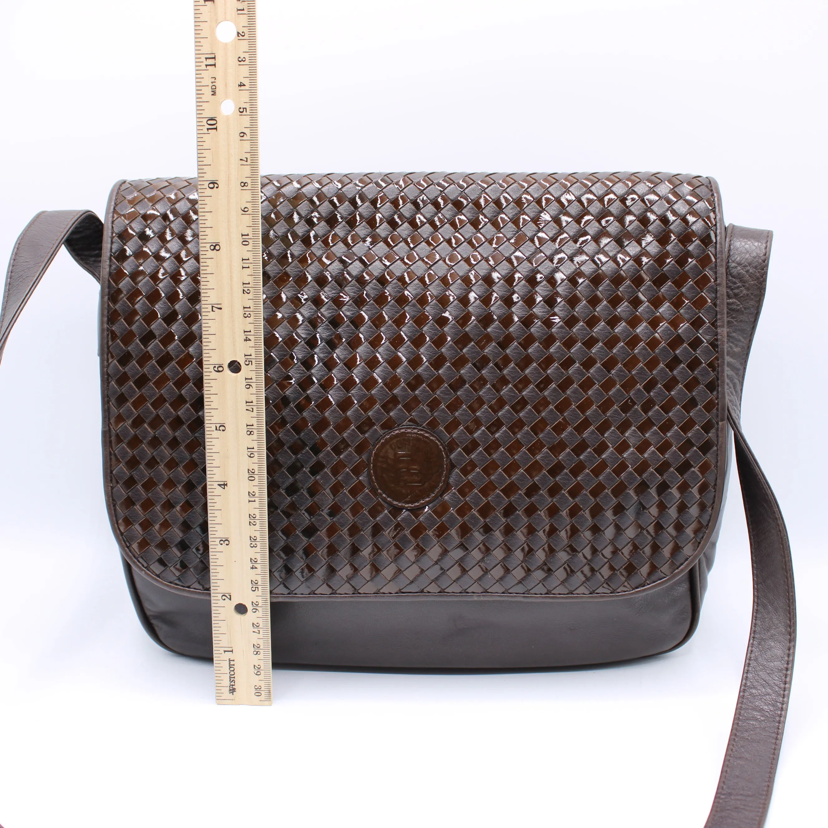Fendi Brown Woven Leather Flap Crossbody Bag Vintage
