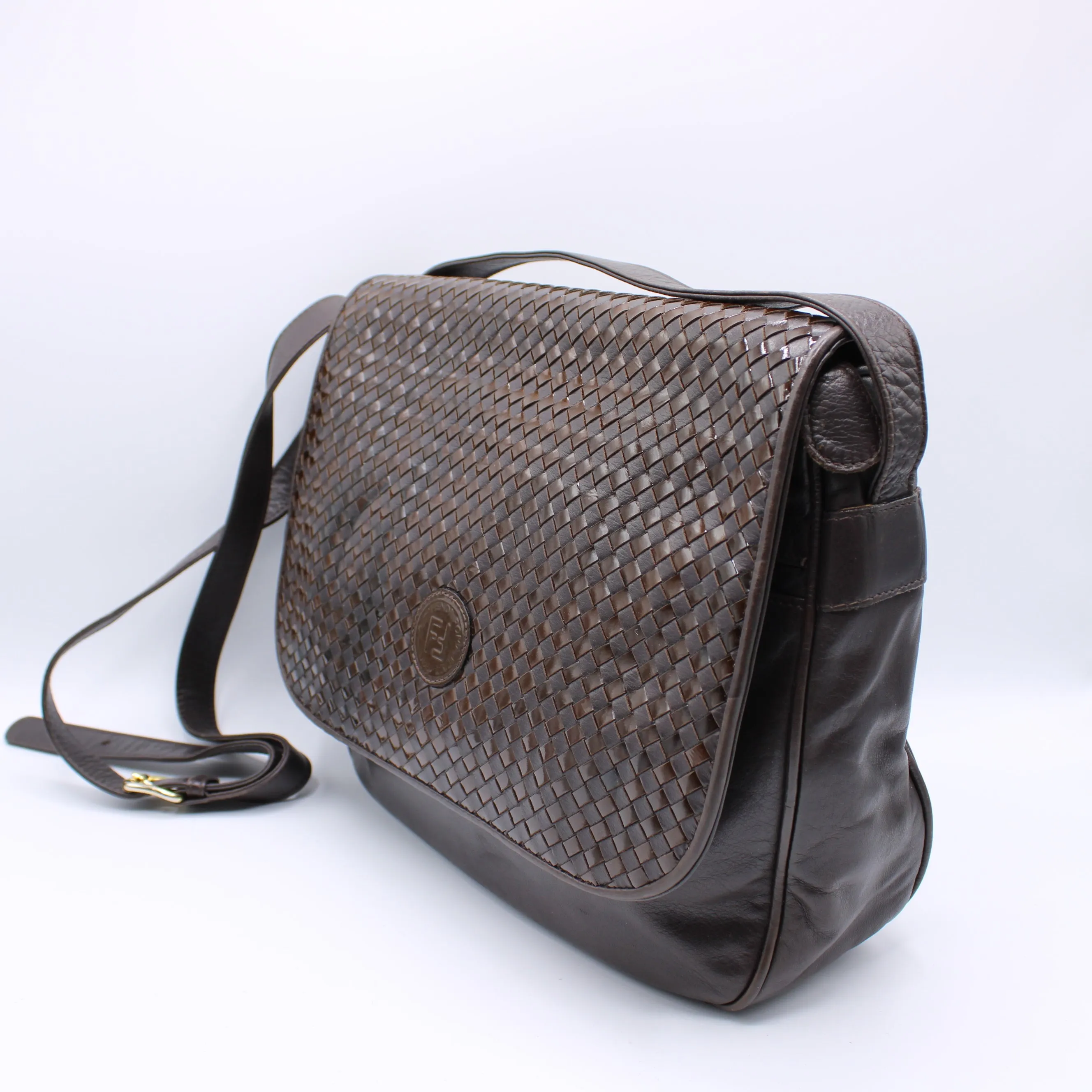 Fendi Brown Woven Leather Flap Crossbody Bag Vintage
