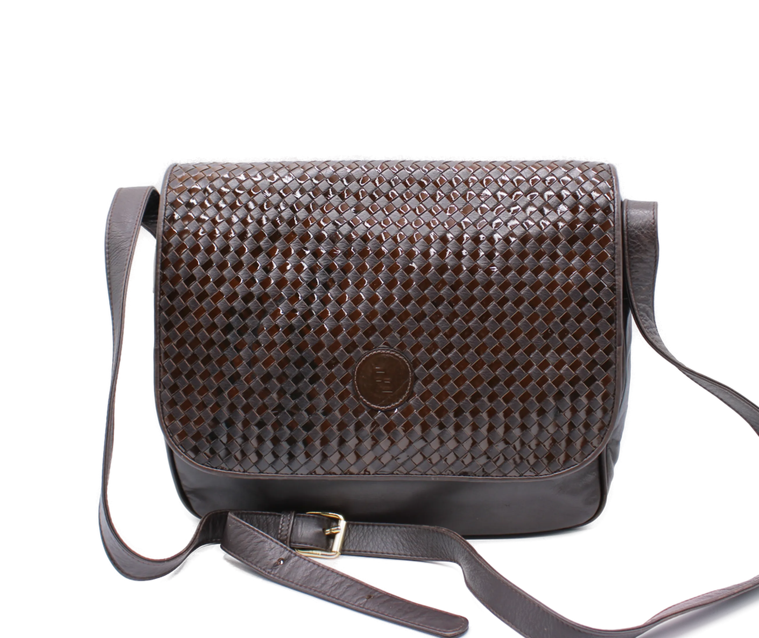 Fendi Brown Woven Leather Flap Crossbody Bag Vintage
