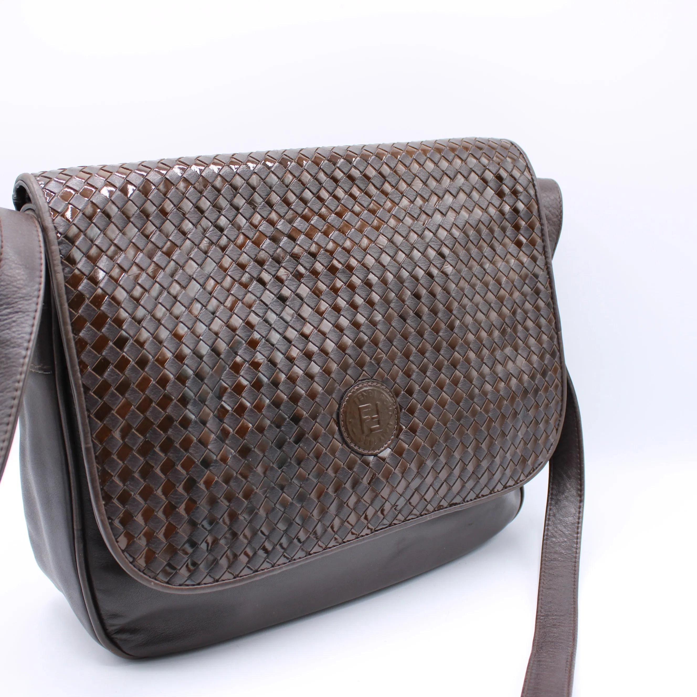 Fendi Brown Woven Leather Flap Crossbody Bag Vintage