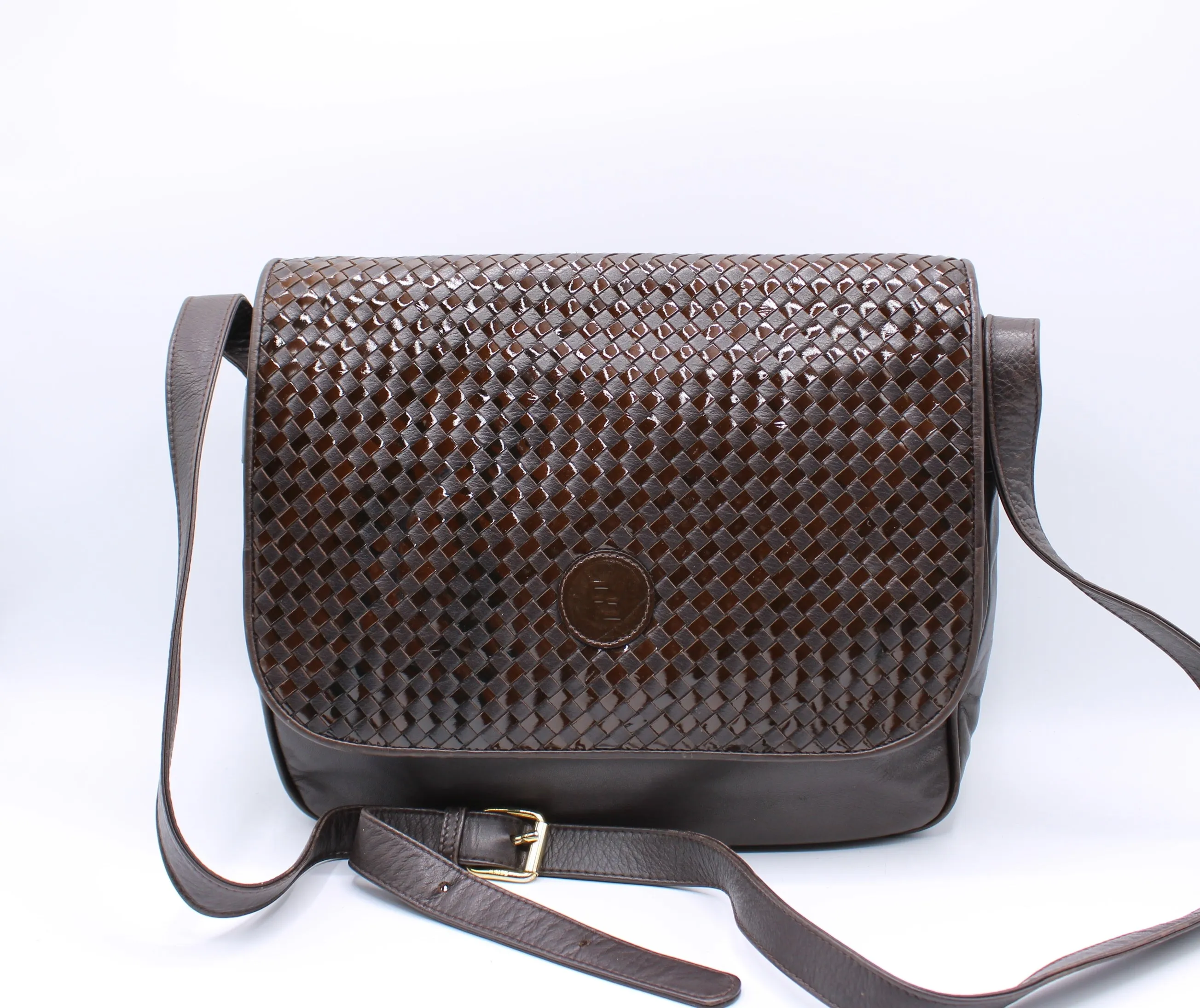 Fendi Brown Woven Leather Flap Crossbody Bag Vintage