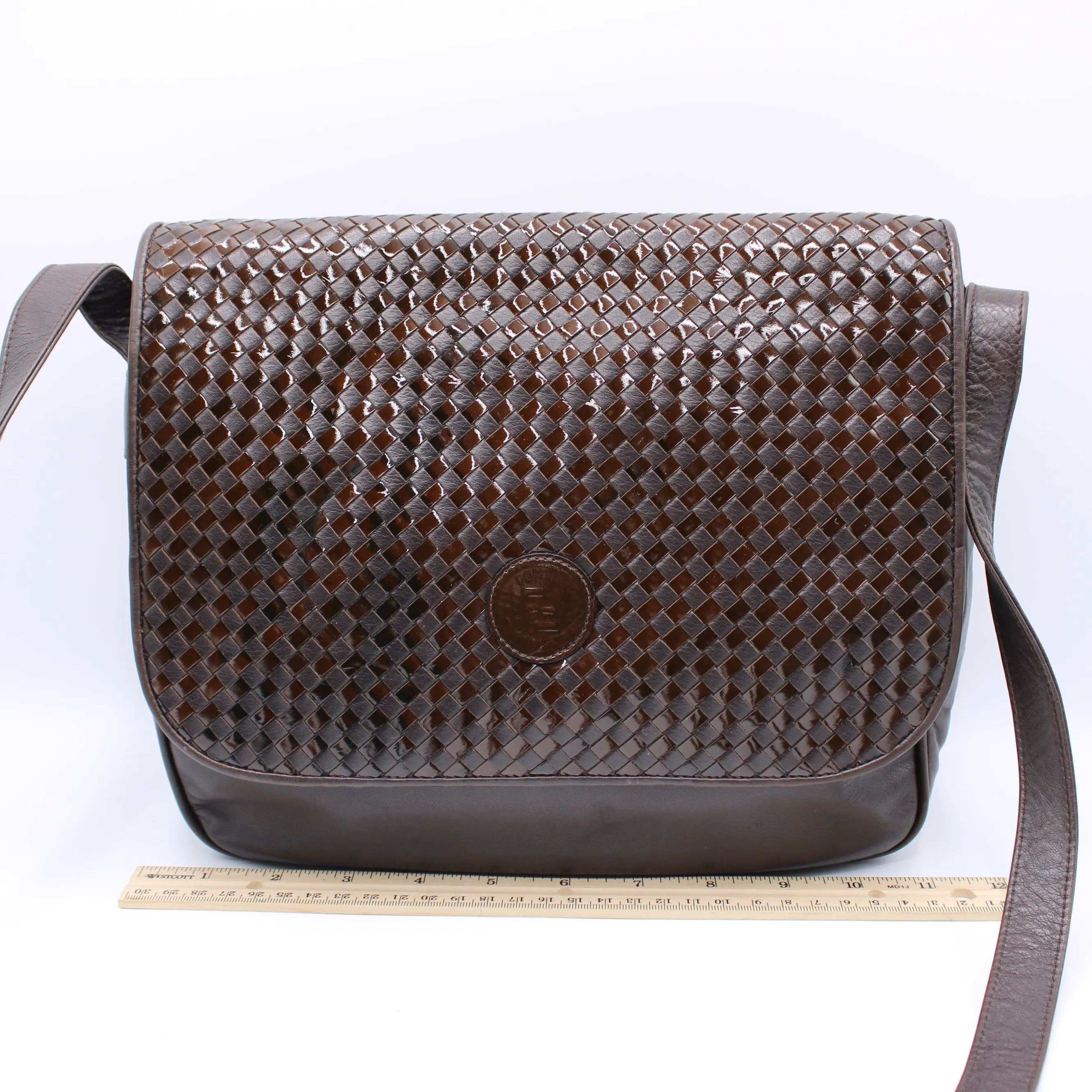 Fendi Brown Woven Leather Flap Crossbody Bag Vintage