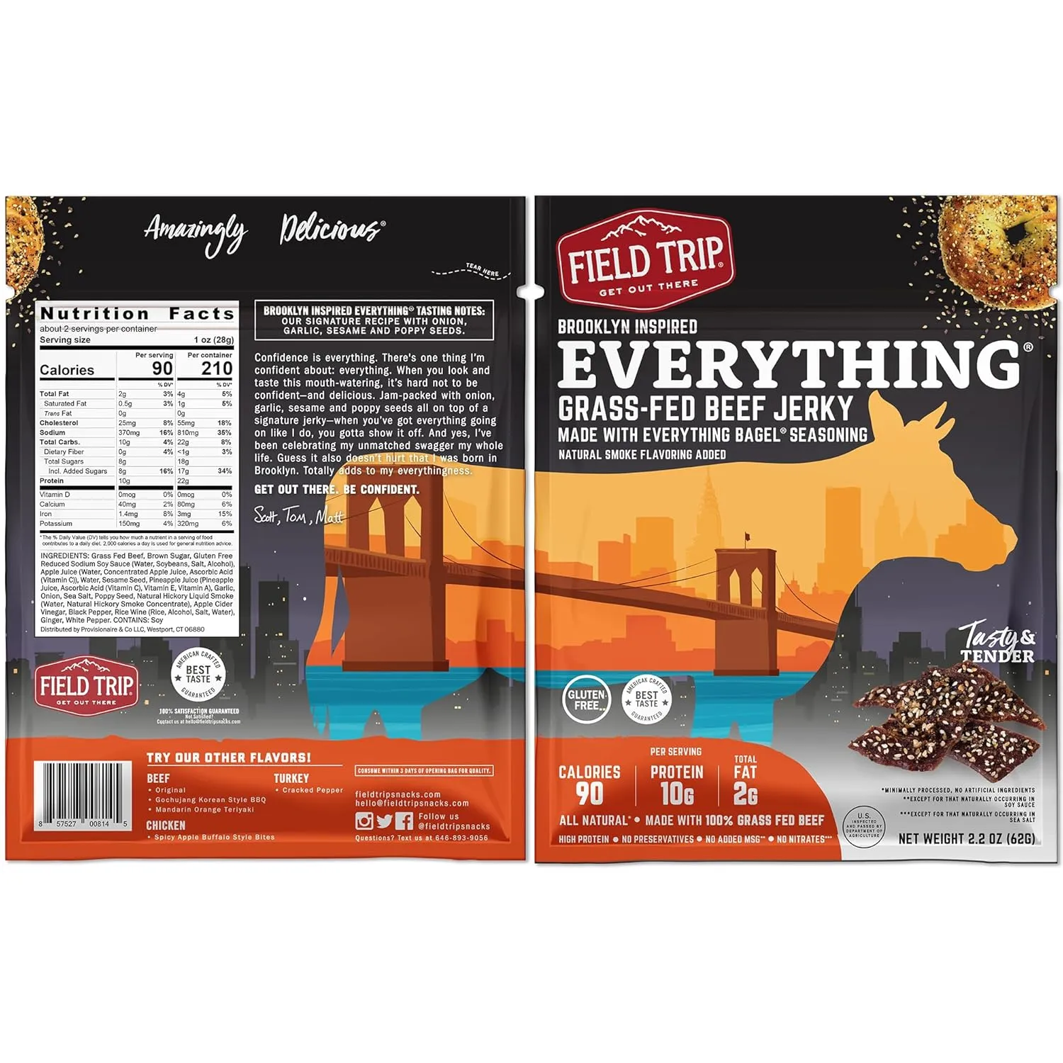 Field Trip Grass Fed Beef Jerky, Healthy Gluten Free Snacks, All Natural, Paleo-Friendly Beef Jerky, High Protein, Low Carb Snack with No Nitrates, 2.2oz Bag, 4 Pack, Everything Bagel