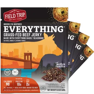 Field Trip Grass Fed Beef Jerky, Healthy Gluten Free Snacks, All Natural, Paleo-Friendly Beef Jerky, High Protein, Low Carb Snack with No Nitrates, 2.2oz Bag, 4 Pack, Everything Bagel