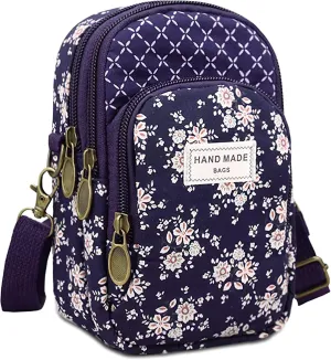 Floral Pattern Canvas Cute Crossbody Cell Phone Purse Zipper Wallet Small Shoulder Bags Handbag for Women, Blue, One Size