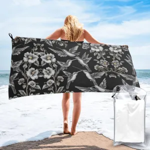 Flower Hummingbirds Embroidery Premium Compact Microfiber Travel Towel-Featherlight & Quick Dry,Sand-Resistant Beach Towel for Swimming,Camping,Vacation Essentials with Carry Pouch