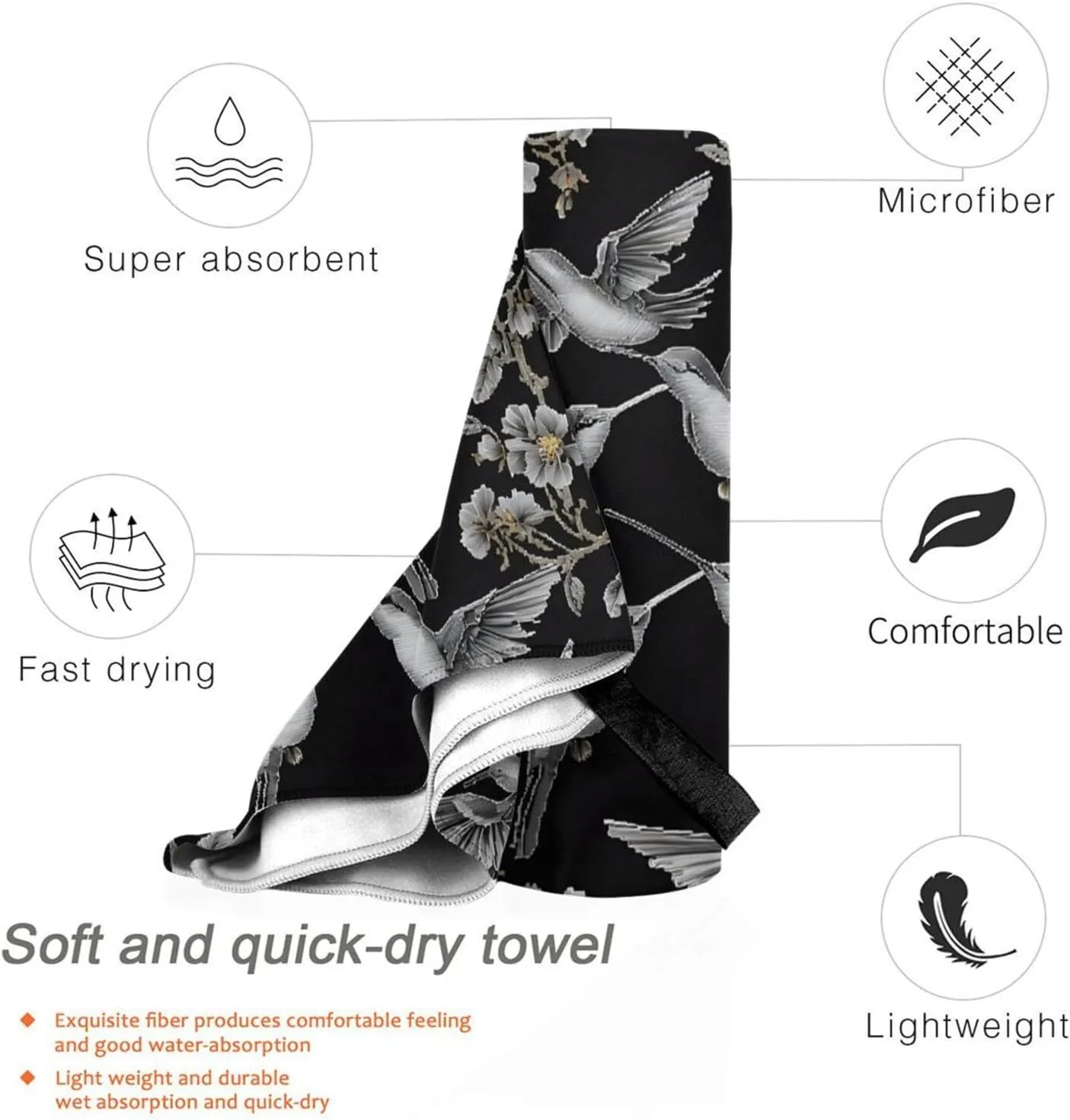 Flower Hummingbirds Embroidery Premium Compact Microfiber Travel Towel-Featherlight & Quick Dry,Sand-Resistant Beach Towel for Swimming,Camping,Vacation Essentials with Carry Pouch