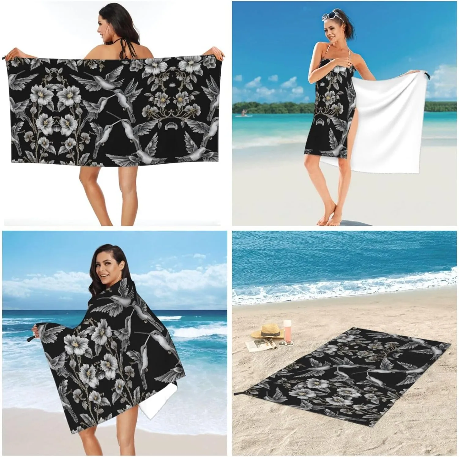 Flower Hummingbirds Embroidery Premium Compact Microfiber Travel Towel-Featherlight & Quick Dry,Sand-Resistant Beach Towel for Swimming,Camping,Vacation Essentials with Carry Pouch