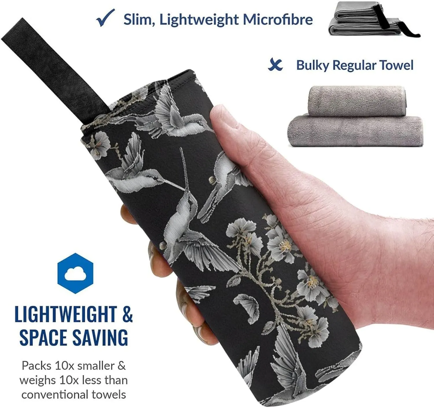 Flower Hummingbirds Embroidery Premium Compact Microfiber Travel Towel-Featherlight & Quick Dry,Sand-Resistant Beach Towel for Swimming,Camping,Vacation Essentials with Carry Pouch