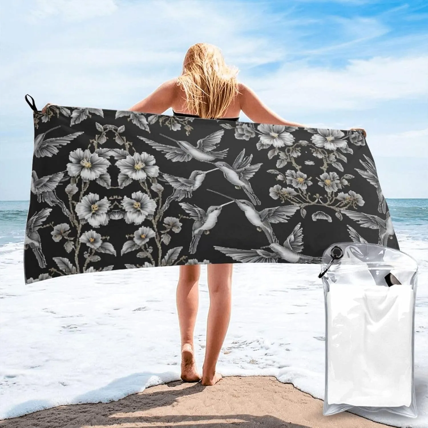 Flower Hummingbirds Embroidery Premium Compact Microfiber Travel Towel-Featherlight & Quick Dry,Sand-Resistant Beach Towel for Swimming,Camping,Vacation Essentials with Carry Pouch