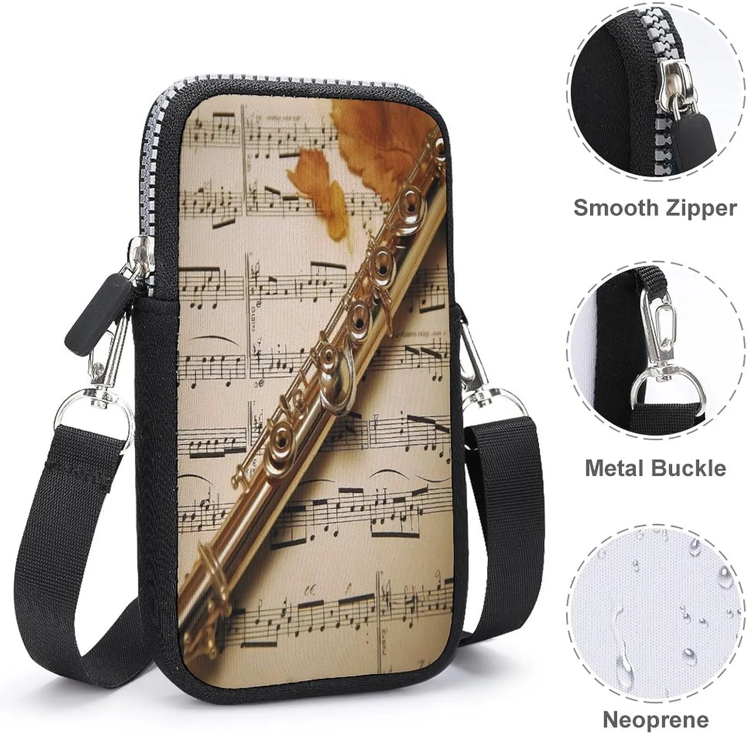 Flute Music Small Crossbody Bag for Women,Lightweight Mini Shoulder Bag Wallet Cell Phone Purse For Running,Travel,Commuting