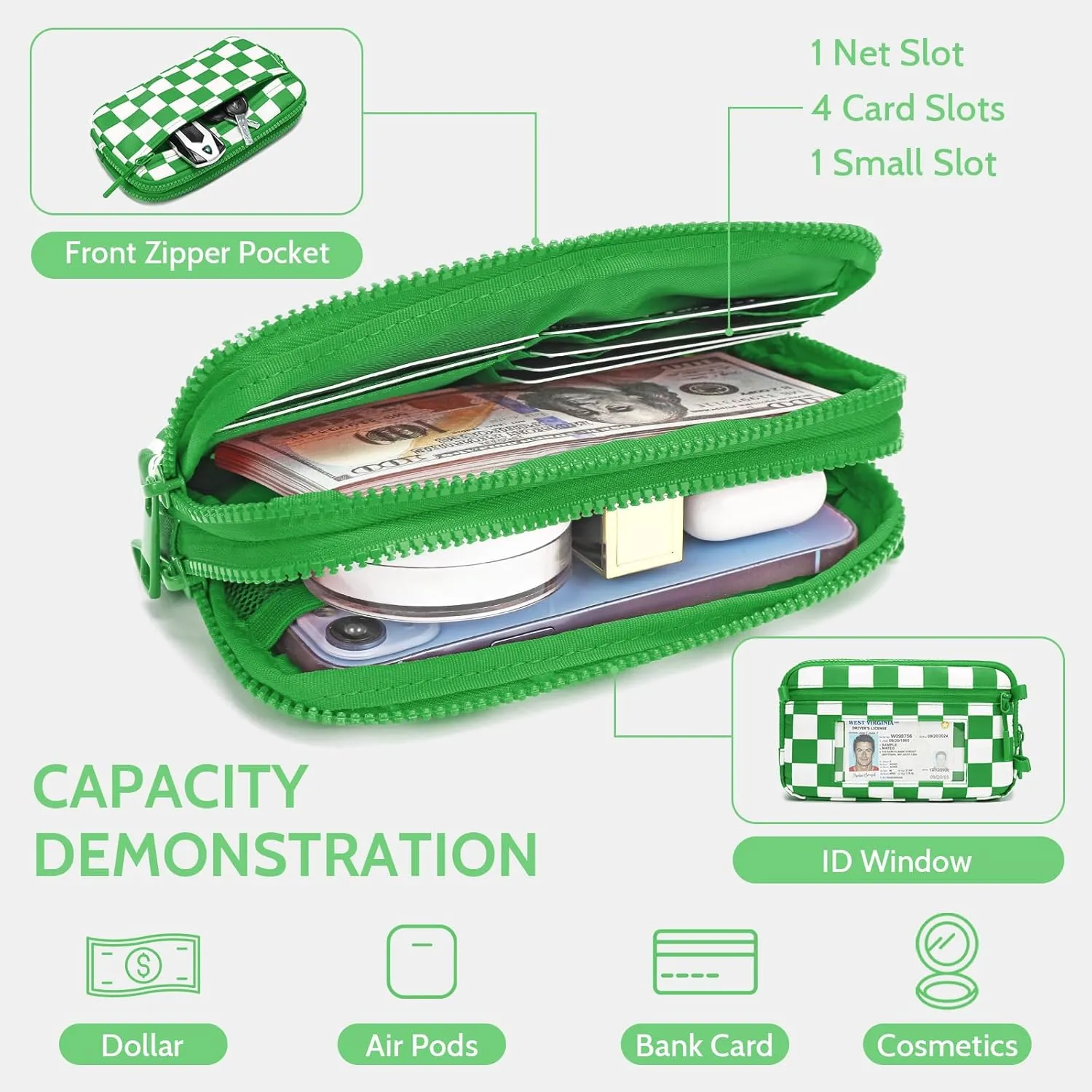 FODOKO Wristlet wallets for women Nylon Quilted Wallet with 4 Zippers,Travel Credit Card,Holder Cell Phone Organizer,coin purse