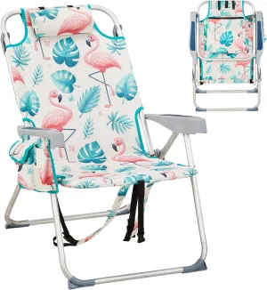 Folding Beach Chairs for Adults,5 Position Reclining Portable Backpack Camping Chair w/Headrest and Armrests,Outdoor Compact Lounge Lawn Chair for Camp,Hiking,Travel,Patio,Supports 220lbs,Pink