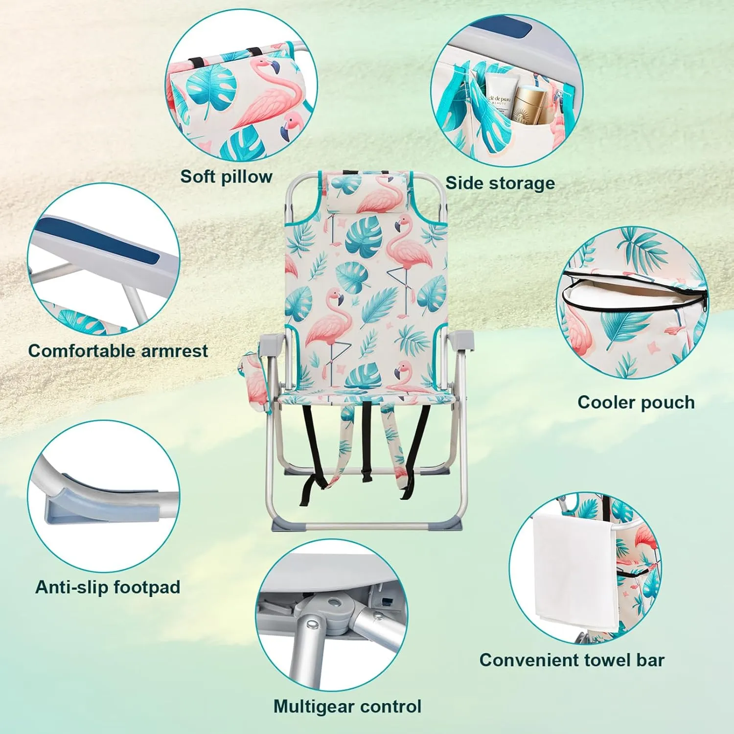 Folding Beach Chairs for Adults,5 Position Reclining Portable Backpack Camping Chair w/Headrest and Armrests,Outdoor Compact Lounge Lawn Chair for Camp,Hiking,Travel,Patio,Supports 220lbs,Pink