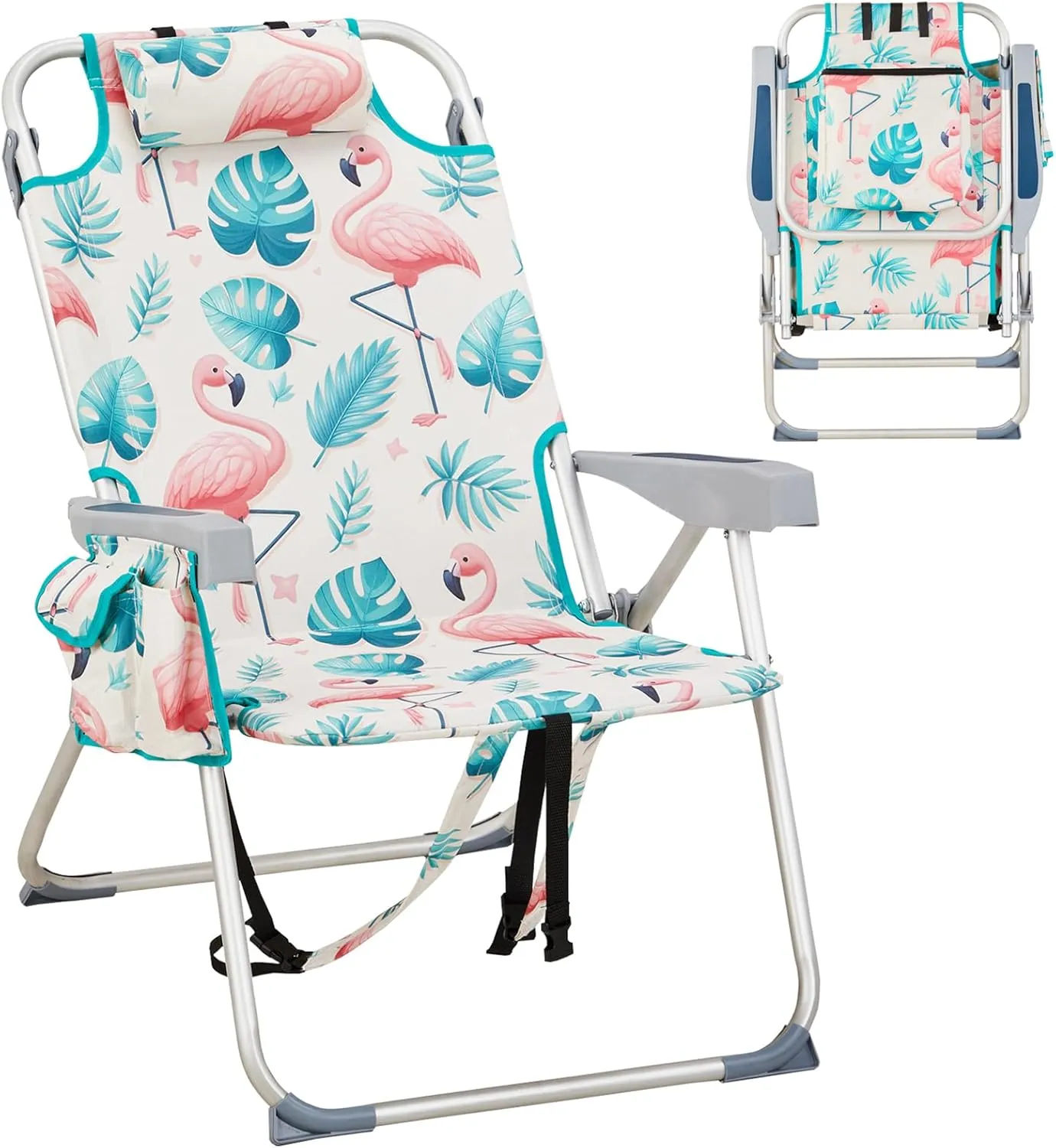 Folding Beach Chairs for Adults,5 Position Reclining Portable Backpack Camping Chair w/Headrest and Armrests,Outdoor Compact Lounge Lawn Chair for Camp,Hiking,Travel,Patio,Supports 220lbs,Pink
