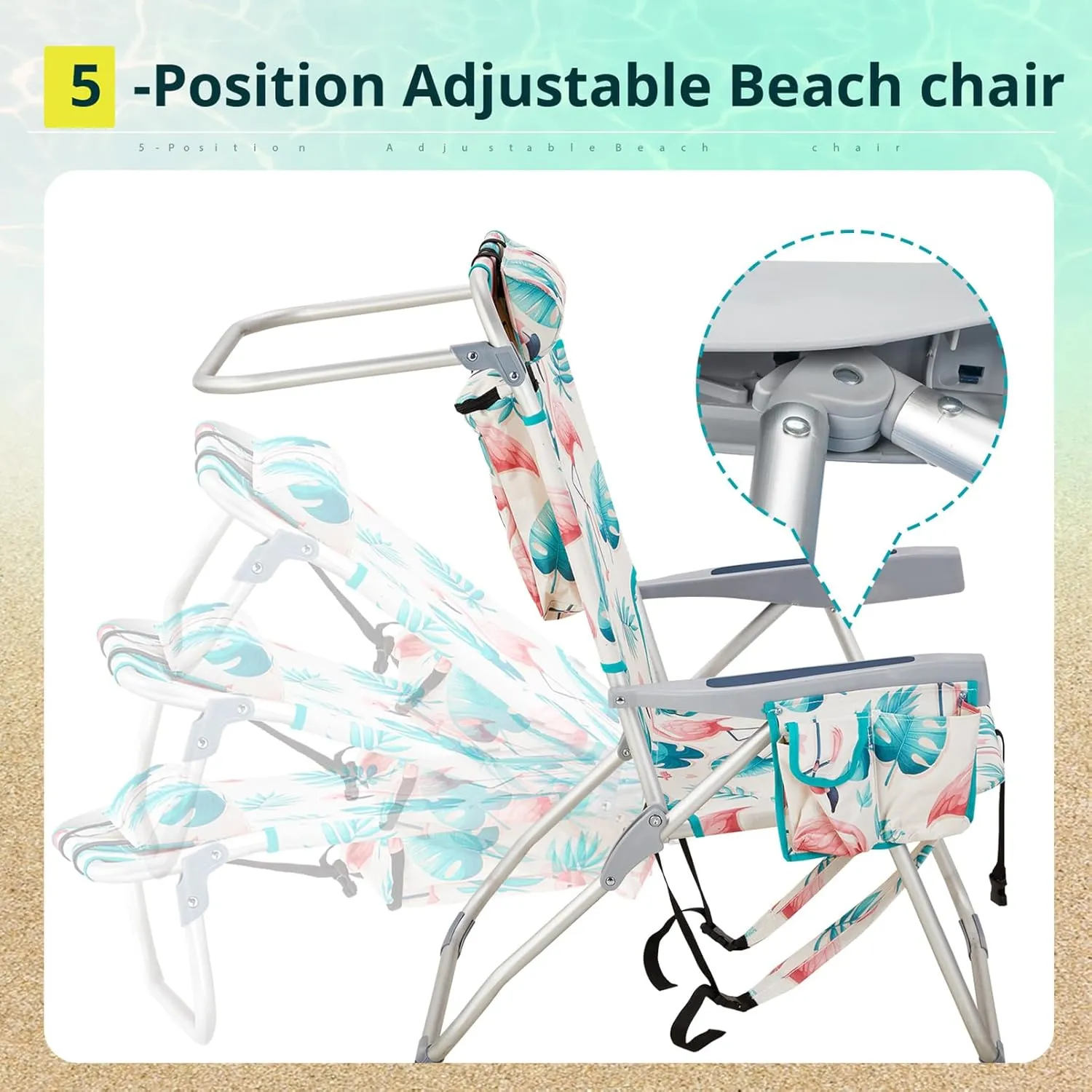 Folding Beach Chairs for Adults,5 Position Reclining Portable Backpack Camping Chair w/Headrest and Armrests,Outdoor Compact Lounge Lawn Chair for Camp,Hiking,Travel,Patio,Supports 220lbs,Pink