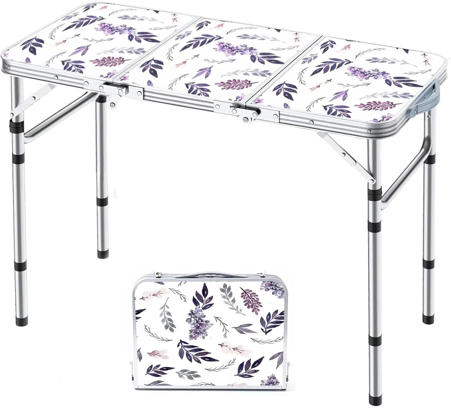 Folding Camping Table 3ft Portable Pinic Table Adjustable Height Small Card Table Aluminum Foldable Lightweight with Carry Handle for Outdoor Indoor Hiking Camp BBQ Beach (Misty Lilac)