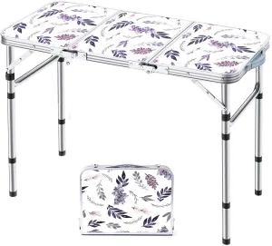Folding Camping Table 3ft Portable Pinic Table Adjustable Height Small Card Table Aluminum Foldable Lightweight with Carry Handle for Outdoor Indoor Hiking Camp BBQ Beach (Misty Lilac)