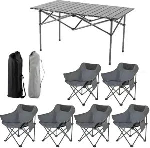 Folding Camping Table with Chairs Set, Portable Picnic Carrying Bag and Aluminum Roll-up Top Lightweight Compact Table, Easy to Assemble