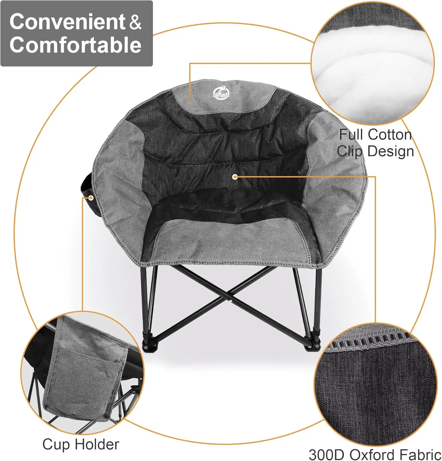 Folding Compact Camping Moon Chair, Outdoor Padded Saucer Round Chair w/Cup Holder Supports up to 300 lbs for Beach Hiking Fishing Picnic Lawn,Black
