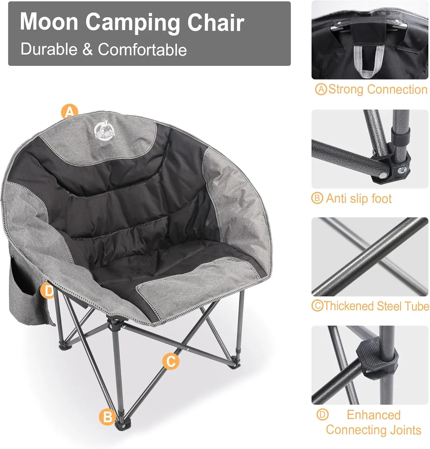 Folding Compact Camping Moon Chair, Outdoor Padded Saucer Round Chair w/Cup Holder Supports up to 300 lbs for Beach Hiking Fishing Picnic Lawn,Black