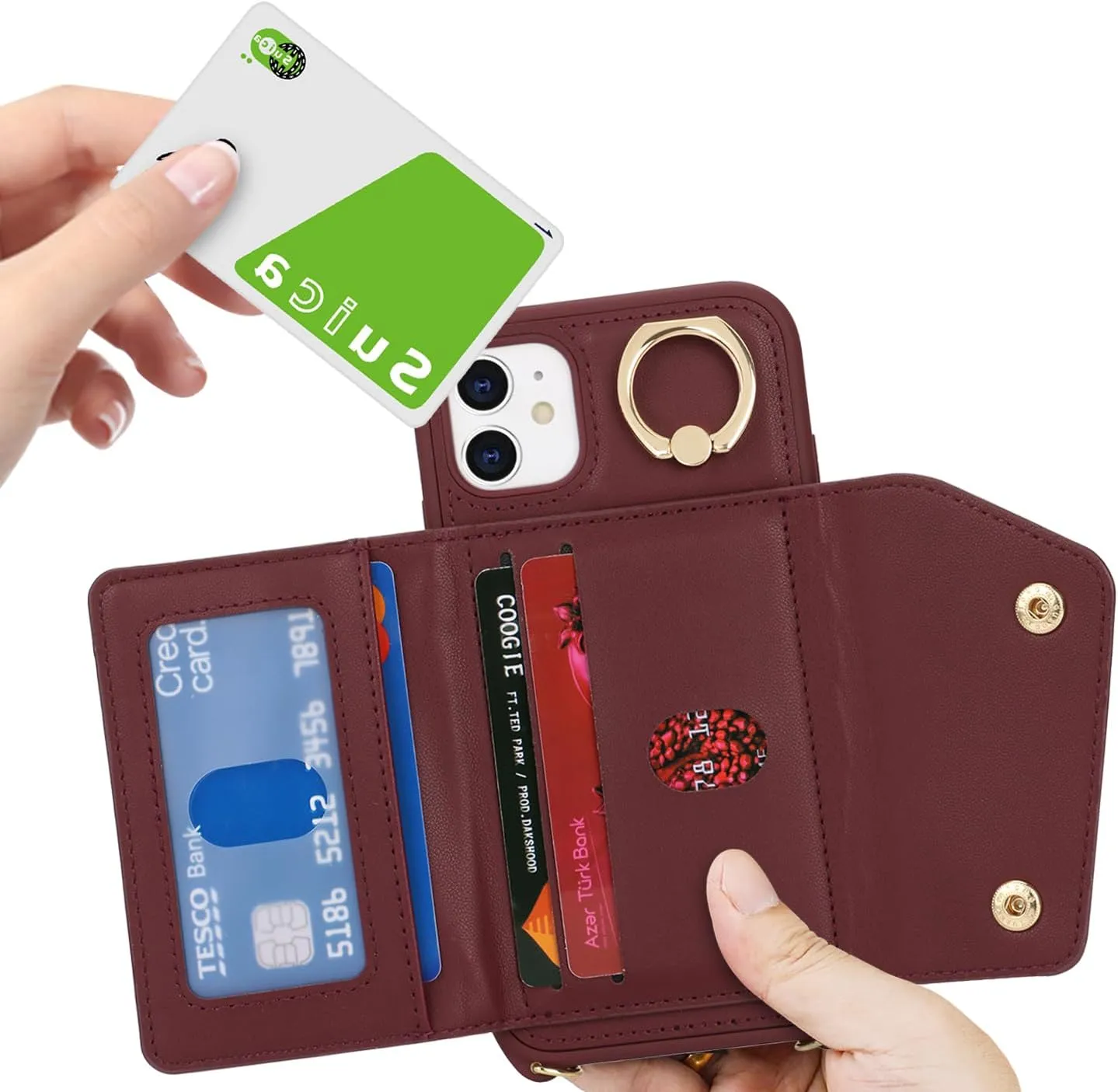 for iPhone 11 Case with Card Holder and Strap - Zipper Pocket,Crossbody Lanyard Strap,Credit Card Holder,Stand Ring,Cute Phone Wallet Case for Women(Wine Red,6.1 Inch)