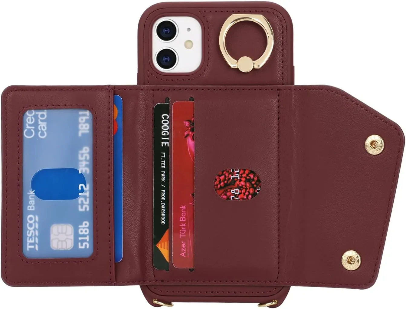 for iPhone 11 Case with Card Holder and Strap - Zipper Pocket,Crossbody Lanyard Strap,Credit Card Holder,Stand Ring,Cute Phone Wallet Case for Women(Wine Red,6.1 Inch)
