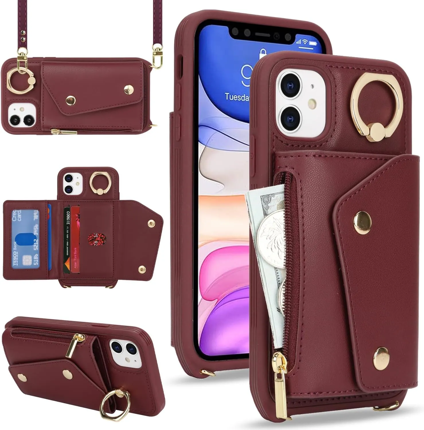 for iPhone 11 Case with Card Holder and Strap - Zipper Pocket,Crossbody Lanyard Strap,Credit Card Holder,Stand Ring,Cute Phone Wallet Case for Women(Wine Red,6.1 Inch)
