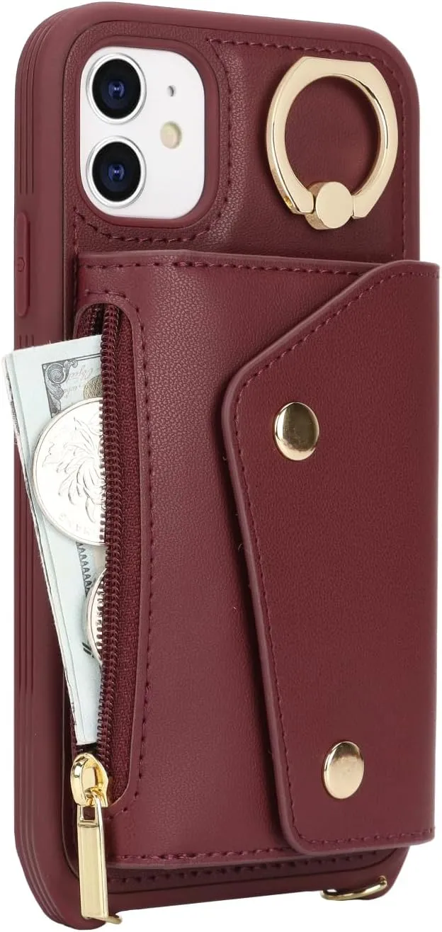 for iPhone 11 Case with Card Holder and Strap - Zipper Pocket,Crossbody Lanyard Strap,Credit Card Holder,Stand Ring,Cute Phone Wallet Case for Women(Wine Red,6.1 Inch)