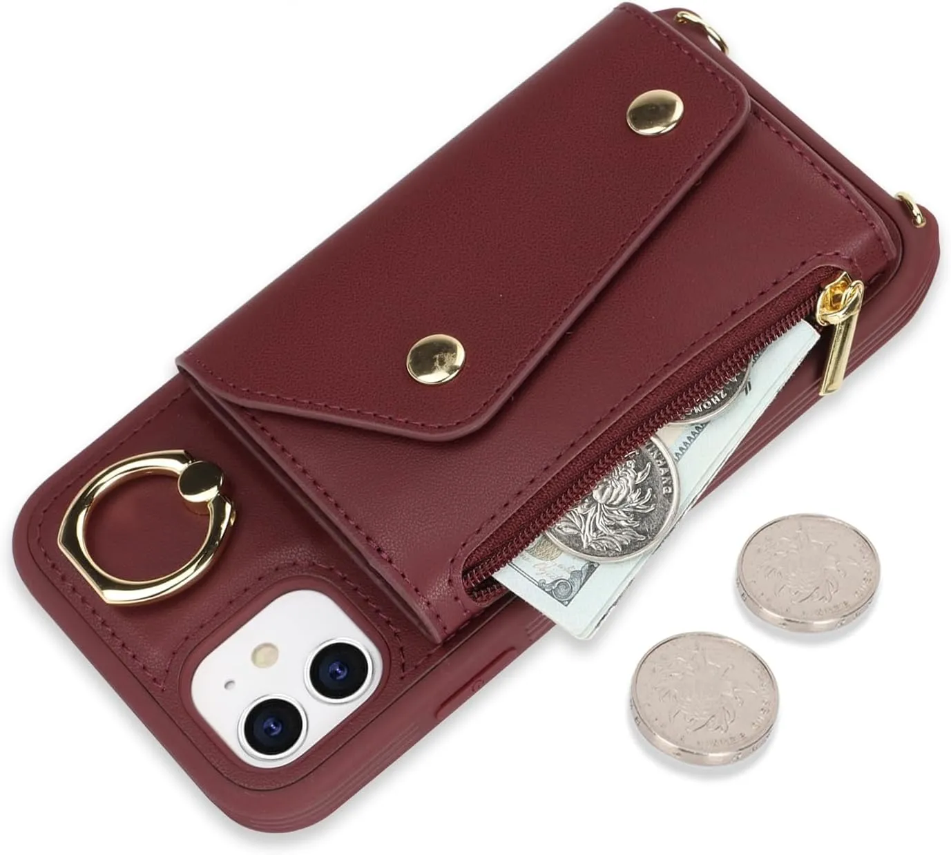 for iPhone 11 Case with Card Holder and Strap - Zipper Pocket,Crossbody Lanyard Strap,Credit Card Holder,Stand Ring,Cute Phone Wallet Case for Women(Wine Red,6.1 Inch)
