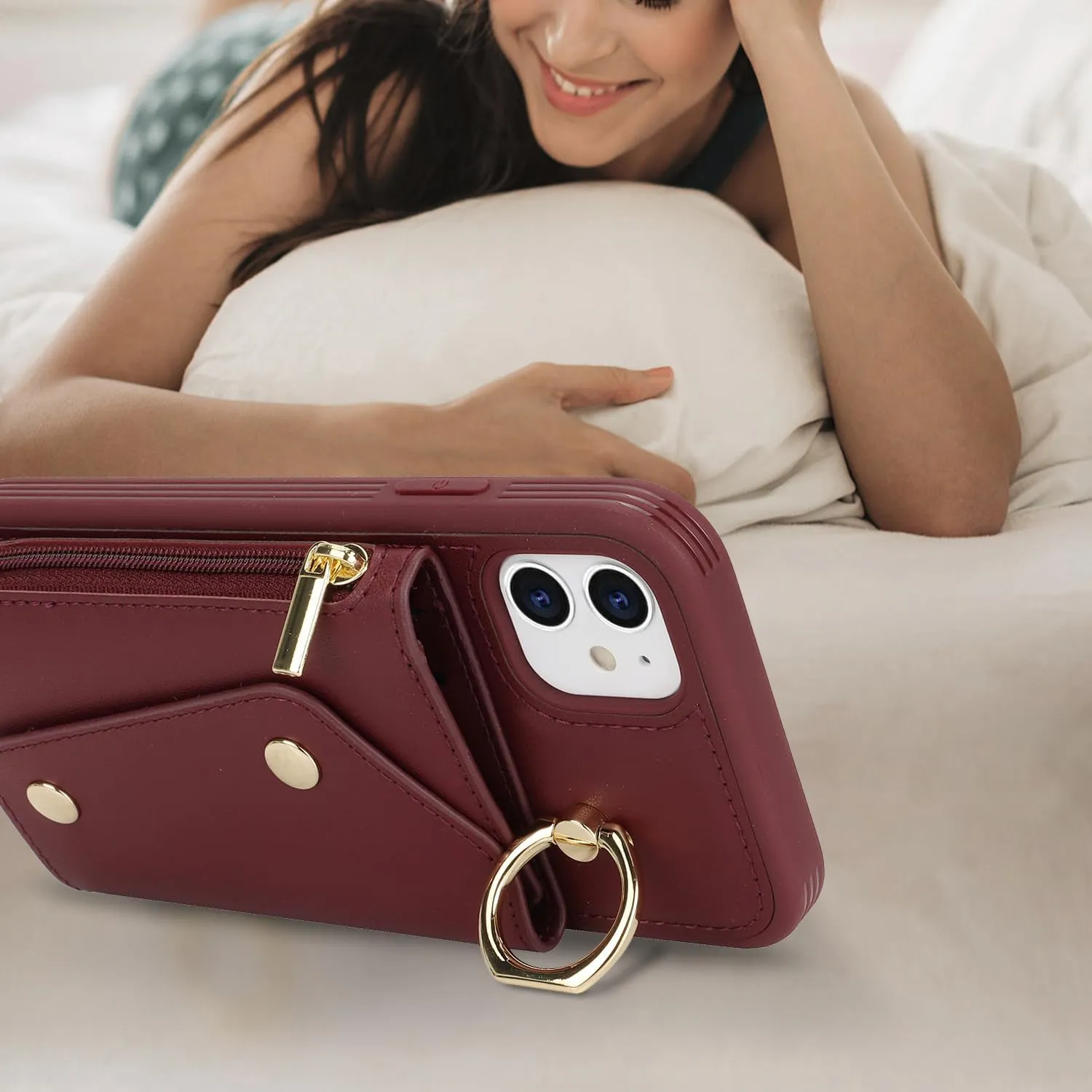 for iPhone 11 Case with Card Holder and Strap - Zipper Pocket,Crossbody Lanyard Strap,Credit Card Holder,Stand Ring,Cute Phone Wallet Case for Women(Wine Red,6.1 Inch)