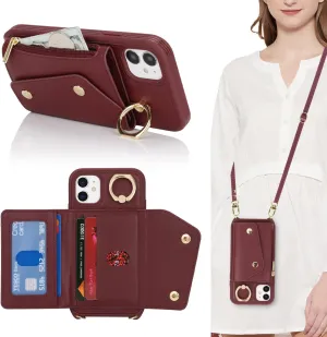 for iPhone 11 Case with Card Holder and Strap - Zipper Pocket,Crossbody Lanyard Strap,Credit Card Holder,Stand Ring,Cute Phone Wallet Case for Women(Wine Red,6.1 Inch)