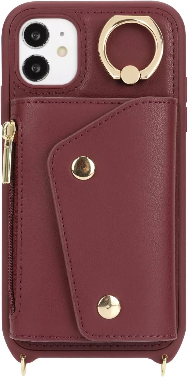for iPhone 11 Case with Card Holder and Strap - Zipper Pocket,Crossbody Lanyard Strap,Credit Card Holder,Stand Ring,Cute Phone Wallet Case for Women(Wine Red,6.1 Inch)
